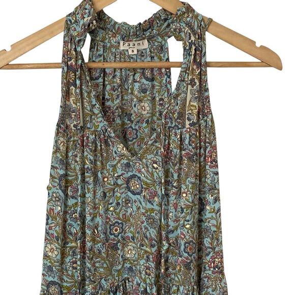 PAANI Halter Tiered Boho Maxi Dress Light Teal Floral Metallic Print, Size Small - Picture 4 of 11